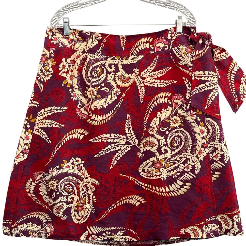 Talbots 100% Silk Burgundy Purple Cream Paisley Floral Wrap Skirt Women 16